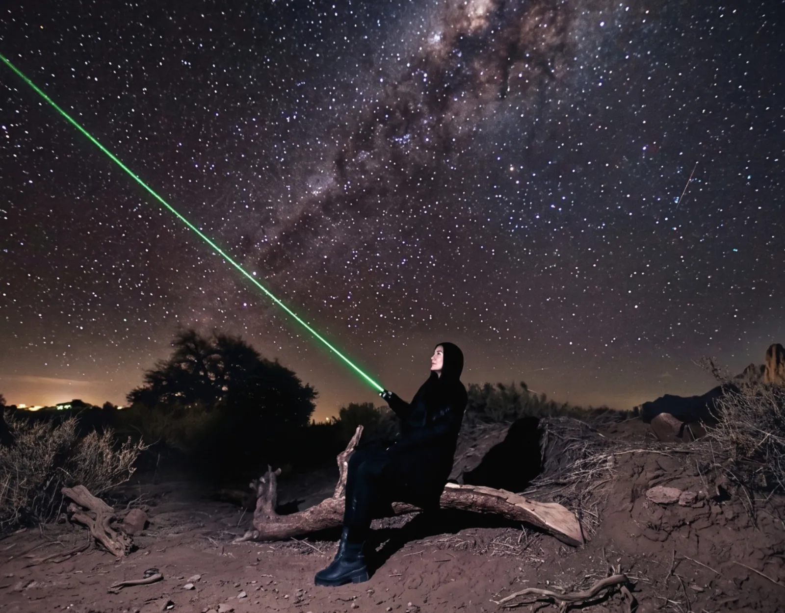 A guest on a log aims a green laser pointer at the Milky Way above dark desert scrub near San Pedro
